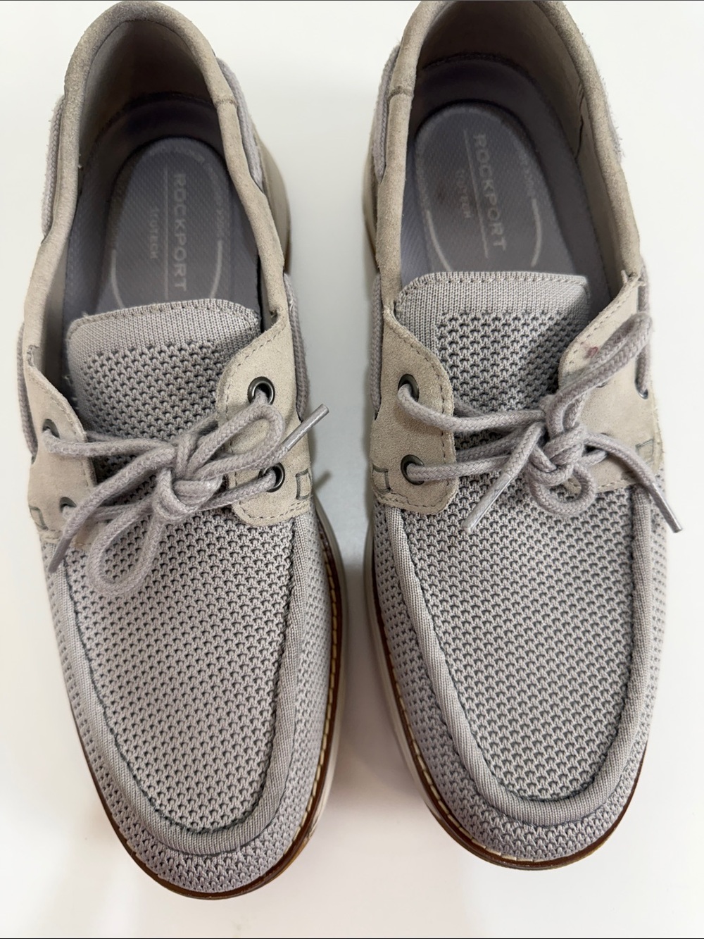 Rockport Men's Light Gray Knit and Suede Boat Shoes